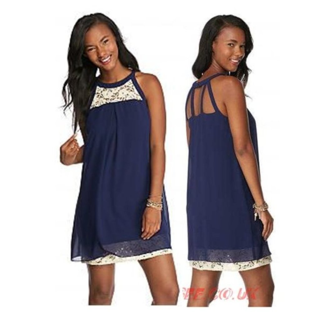 A Byer navy blue cream lace top halter dress indigo chiffon embroidery Med New…